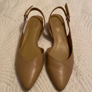 Naturalized sling-back sandals in tan. Worn once.